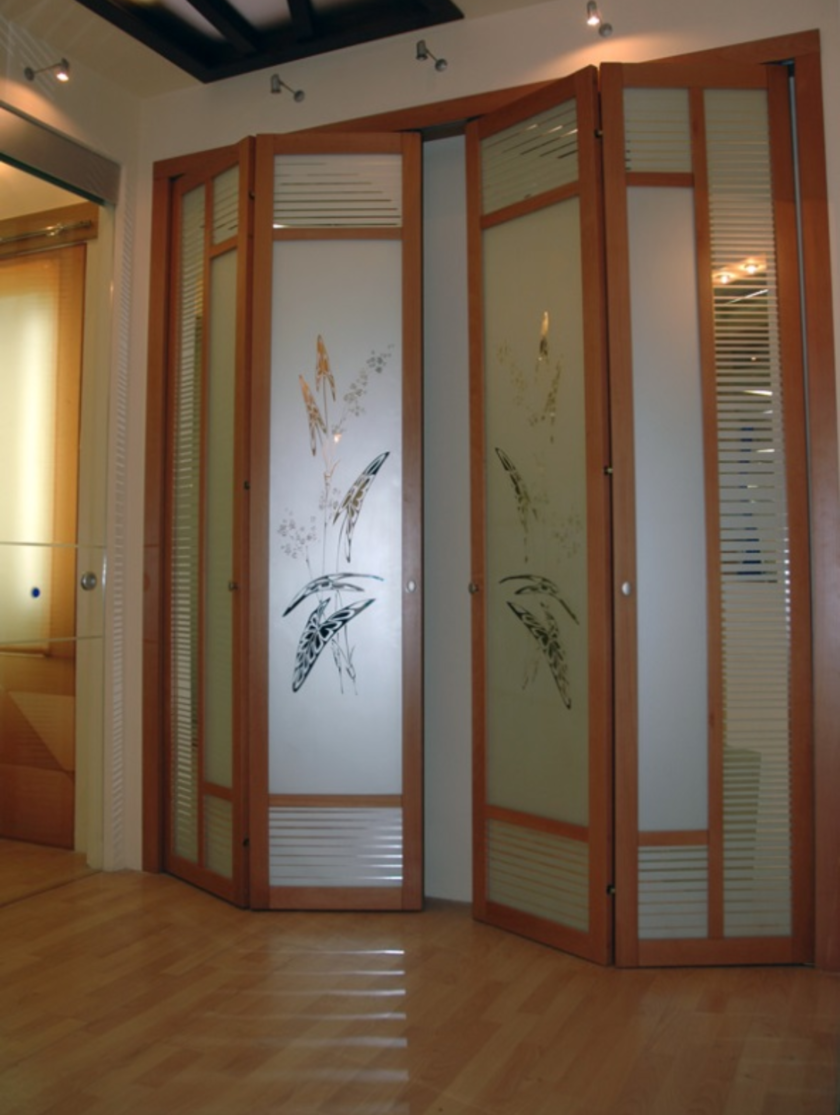 Широкие двери гармошка с матовым стеклом и рисунком Абакан